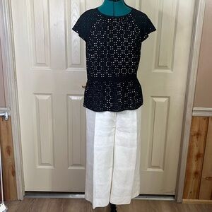 Ann Taylor Black/White peplum Short Sleeve Embroidered design Top,